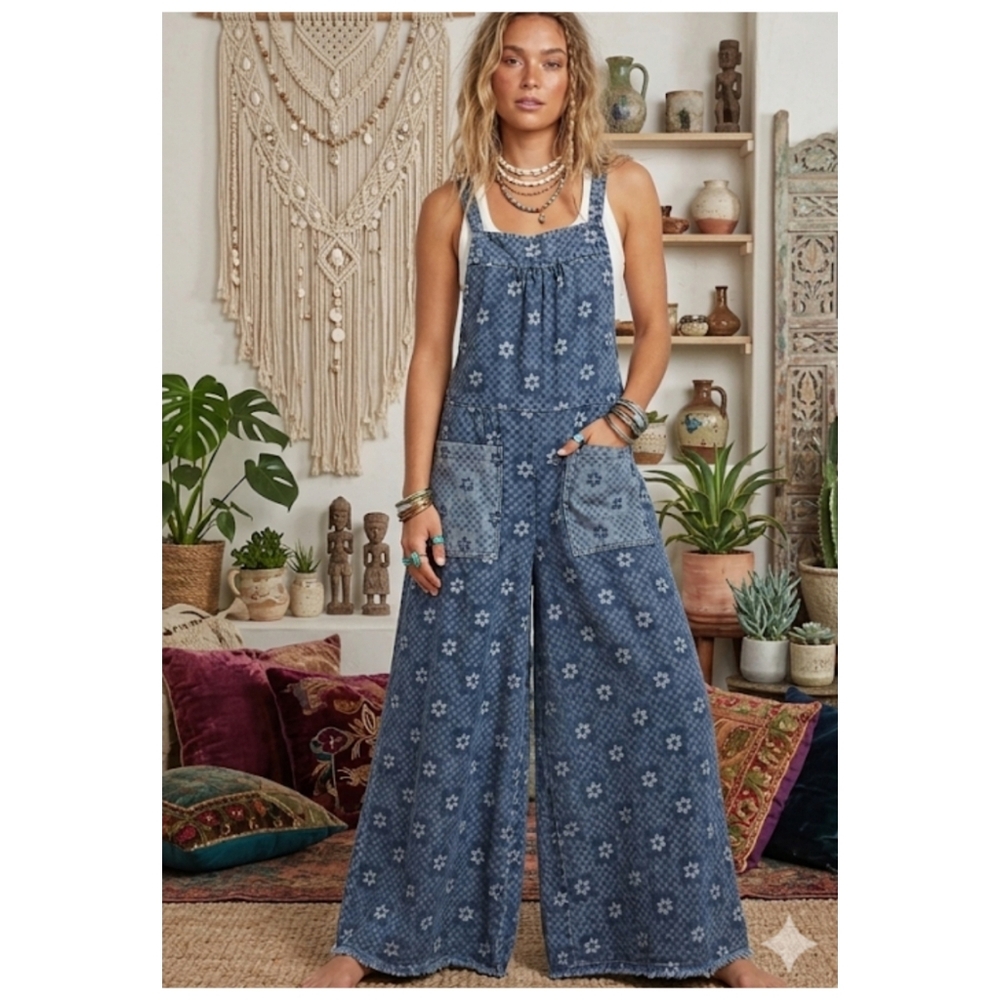 Blue Velvet Floral Washed Wide Leg Overalls - Picture 7 of 7